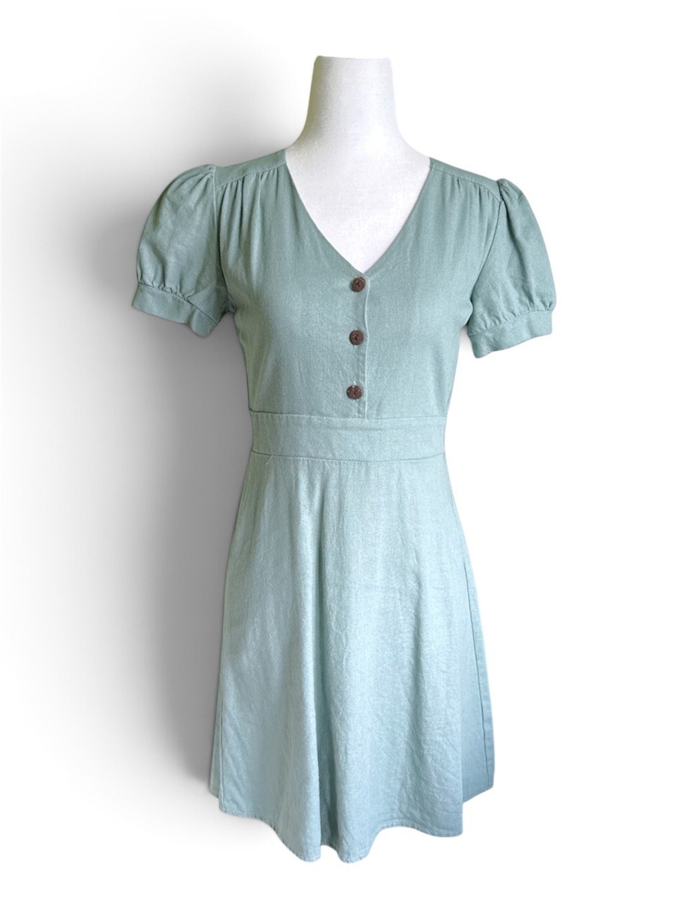 Monteau Sage Green Linen Blend Puff Sleeve Mini Dress XS